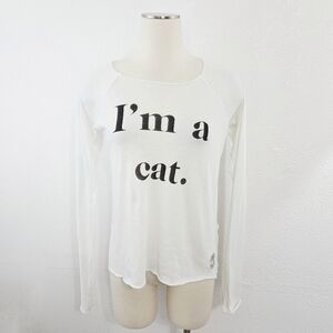 Wildfox I'm A Cat Tee Long Sleeve White T-shirt Sheer Distressed Graphic Text XS